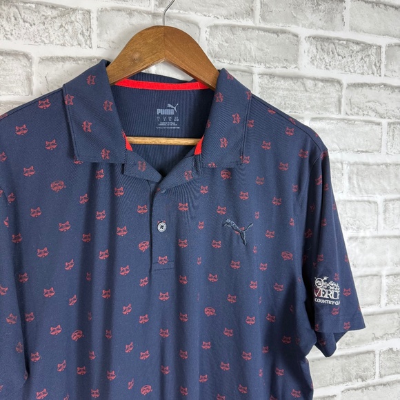 PUMA Golf Navy Blue Raccoon AOP Casual Golf Polo Mens LARGE Rio Verde CC TROON - Picture 1 of 9